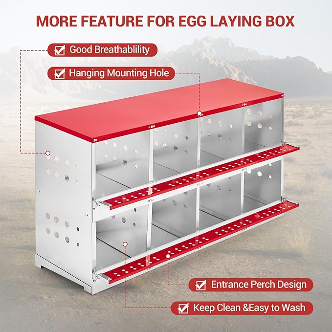 Heavy Duty Metal Chicken Nesting Box – 8 Compartments, Rollaway Egg Tray, Swing Perch, Easy Collection, Cleaning, Wall Mount, for Hens & Ducks, Without Cover-Red, 128×48×71cm