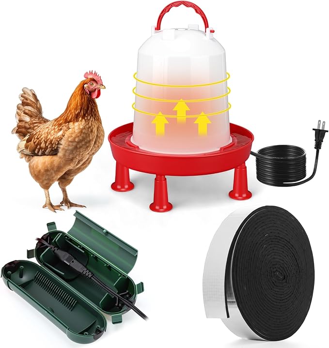 3 Pcs 0.8 Gallon 3l Heated Chicken Waterer Kit, Anti-Freeze Poultry Drinker for Spring Cold Nights with Outdoor Extension Cord Safety Cover, Insulation Tape, Waterer for Small Flocks