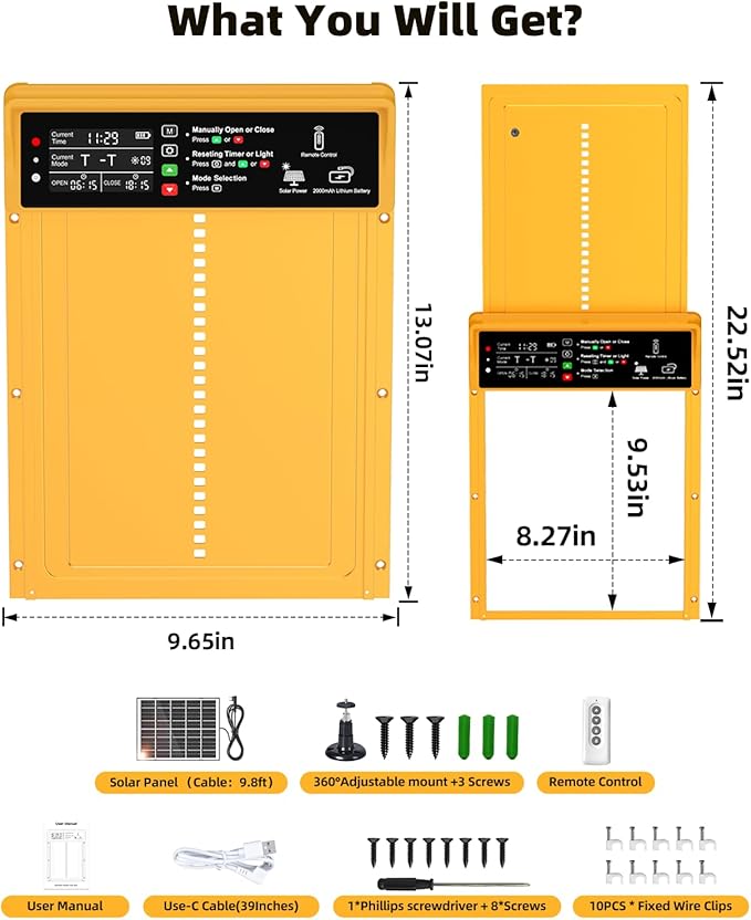 Automatic Chicken Coop Door, Pet Deluxe Chicken Coop Door Solar Powered 7W - Programmable Timer, Light Sensor, Anti-Pinch Safety, Aluminum Alloy Frame with 10 Wire Clips Chicken Door - Gold