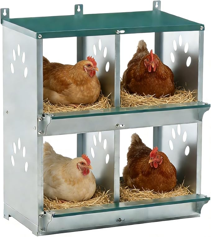 4 Compartment Metal Chicken Nesting Box, Roll Out Hen Laying Box for Easy Egg Collection, Wall Mount Poultry Nest Box for Backyard Chickens, Green, 22.05" L x 16.92" W x 25.59" H