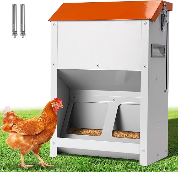 20Lbs Automatic Chicken Feeder Large Poultry Feeders No Waste Outdoors Metal Hanging Chicken Feeder Trough Dispenser with Lid and Visual Window for Chicken Poultry Turkey Duck