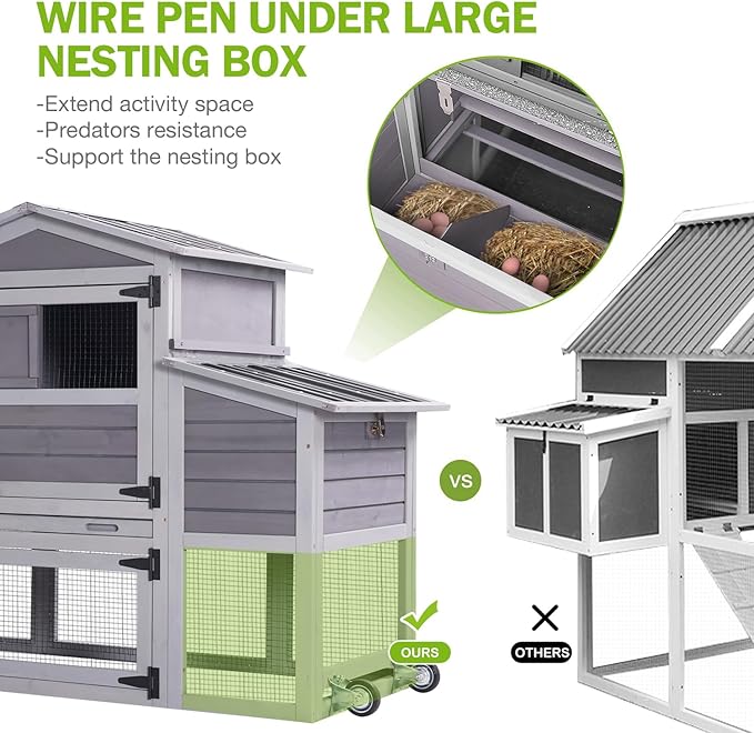 GUTINNEEN Chicken Coop 80in Mobile Chicken House with Run Portable Wooden Poultry Cage with Nesting Box Rabbit Hutch on Wheels,Movable