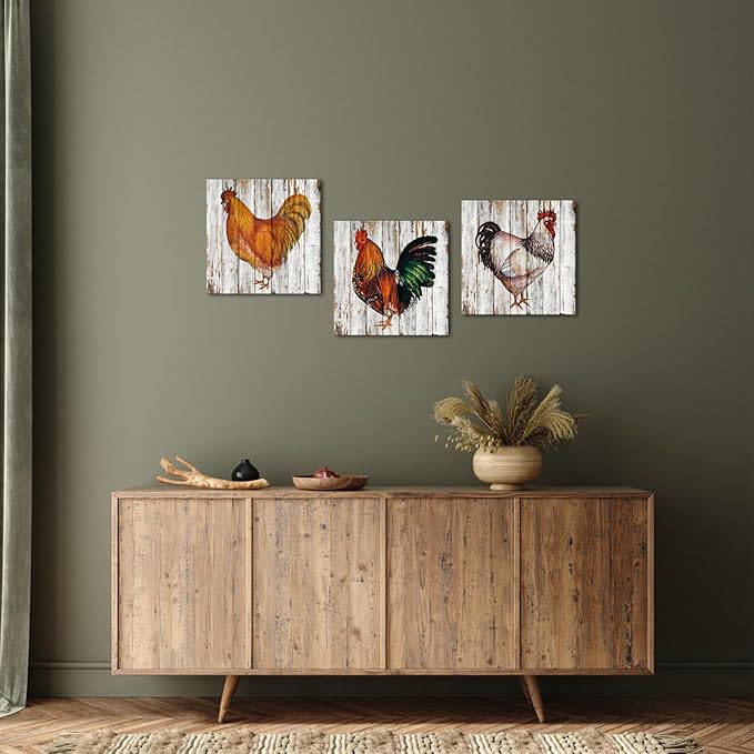 Nachic Wall - Rustic Farmhouse Wall Decor Rooster Hen Painting Canvas Print Vintage Farm Animal Wall Art Countryside Home Decorations (Small)