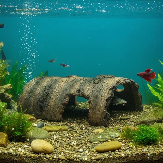 Faux Log Fish Cave for Ponds - All-Weather Aquarium Hideout & Koi Pond Decor with Predator Protection, Durable Shelter for Outdoor Ponds, Fish Tanks and Terrariums, 19''.