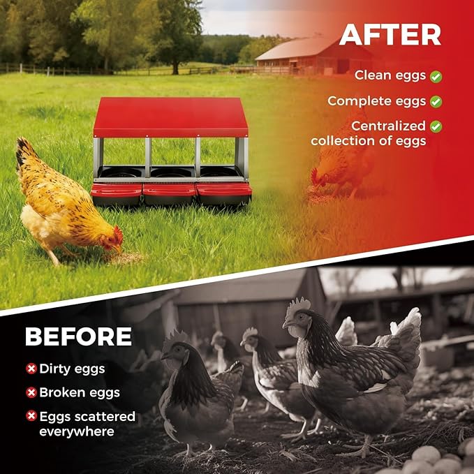 3 Compartment Metal Chicken Nesting Box, Includes 3 Soft Hay Mats, Automatic Roll-Out Egg Collection, Waterproof Galvanized Steel Laying Box with Perch & Wall Mount, for Hens Ducks Rabbits