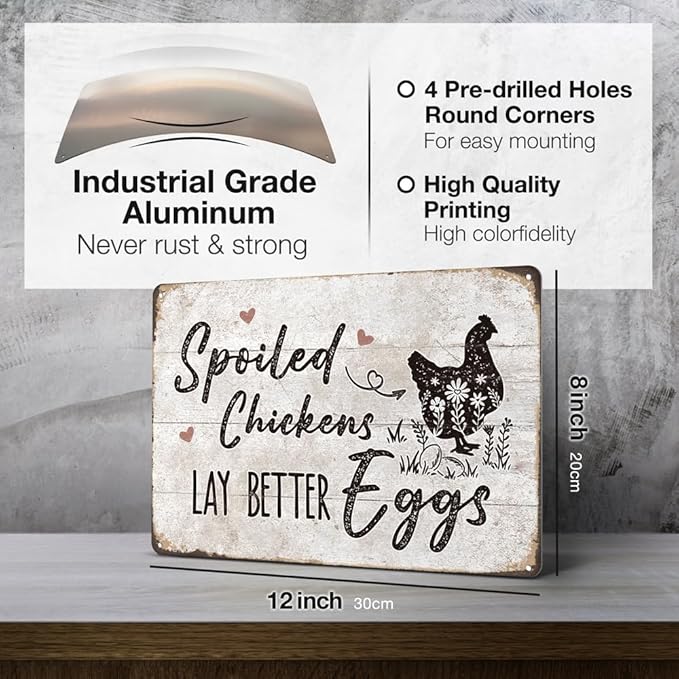 Heuhuww Chicken Coop Decor Sign-Spoiled Chickens Lay Better Eggs-Farmhouse Metal Signs for Chicken Coop Accessories Farm Fence12" x 8"(H13)