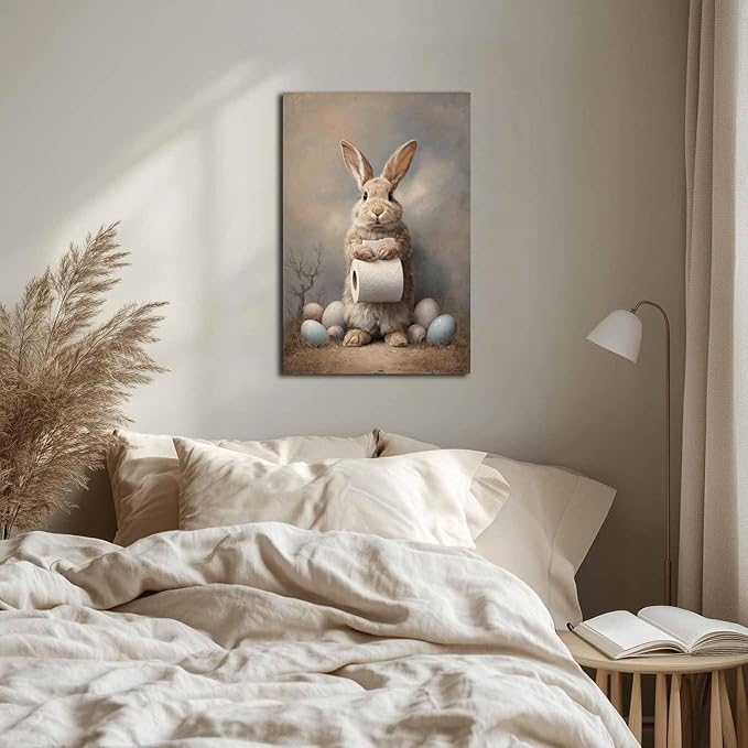 MNFGMH Easter Canvas Wall Art Bunny Bathroom Picture Wall Decoration Modern Spring Rabbit Poster Home Painting Gift Wooden Frame 12x18 inch