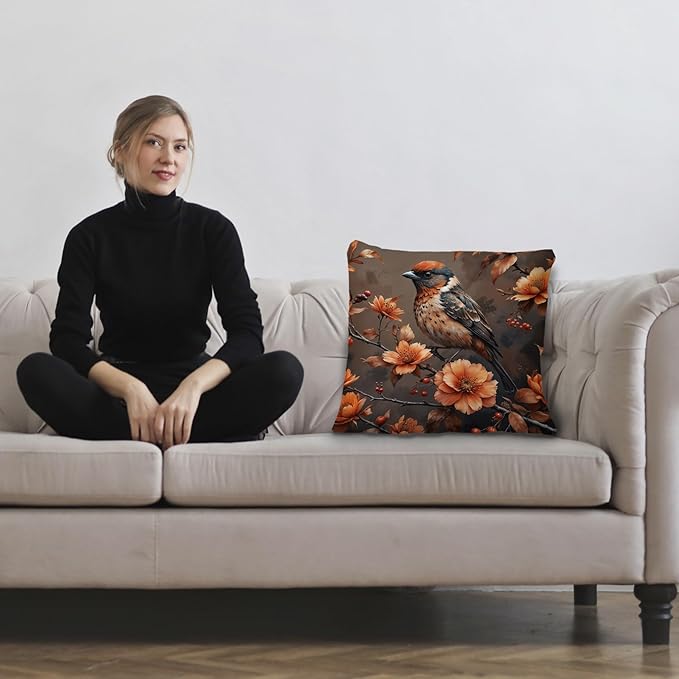 Vintage Floral Bird Pillow Covers 18x18, Bird Decor for Home, Cottagecore Floral Botanical Birds Nature Throw Pillow Covers for Home Living Room Bedroom