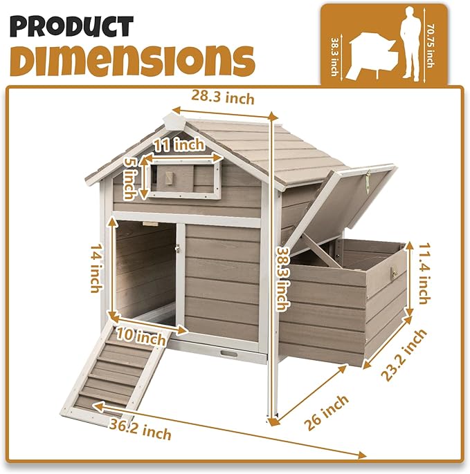 Chicken Coop Outdoor, Wooden Chicken House with 2 Nesting Boxs, Poultry Cage with Leak-Proof Pull-Out Tray, Lockable Ramp Door, Roosting Bars, Easy Assembly（36.2" L x 26" W x 38.3" H