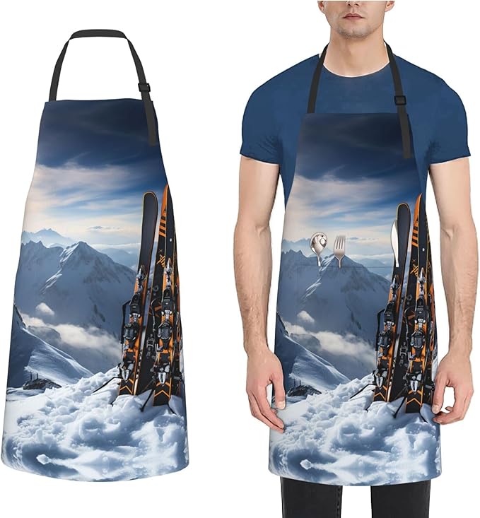 Kitchen Aprons for Men Women Waterproof Apron with 2 Pockets Skis on mountain Apron Adjustable Bib Aprons