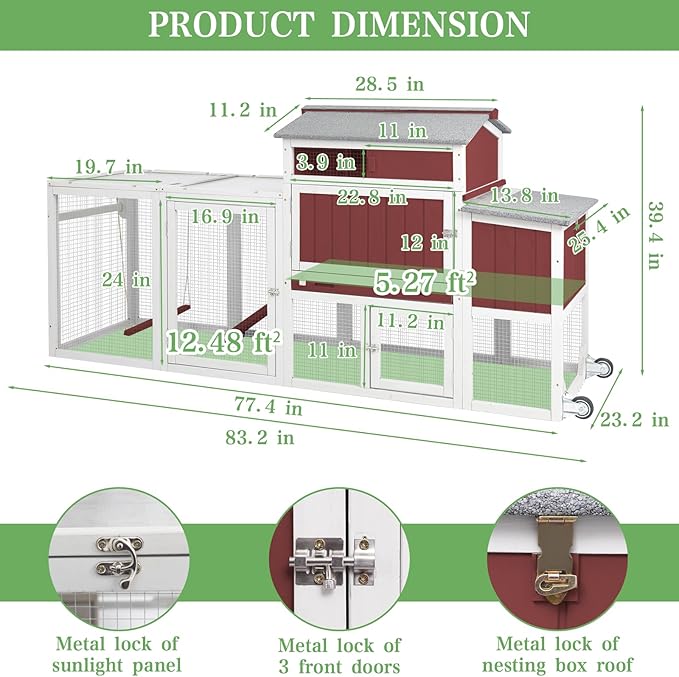 Chicken Coop Mobile Wooden Hen House with Nesting Box,166.4" L Outdoor Chicken House with 4 Wheels and Removable Tray,Fir Wood Chicken Tractor with 12 Ventilation Door and 2 Ramps,RED