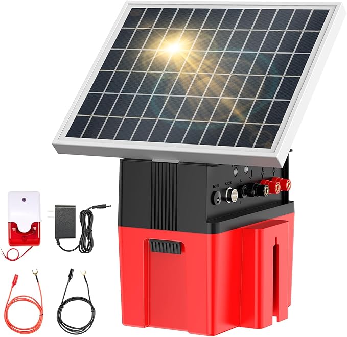 Solar-Powered Electric Fence Charger with Alarm,1.2 Joule Output, Up to 20 Miles Coverage,12000mAh Battery &10W Solar Panel Energizer for Livestock & Predator Deterrence