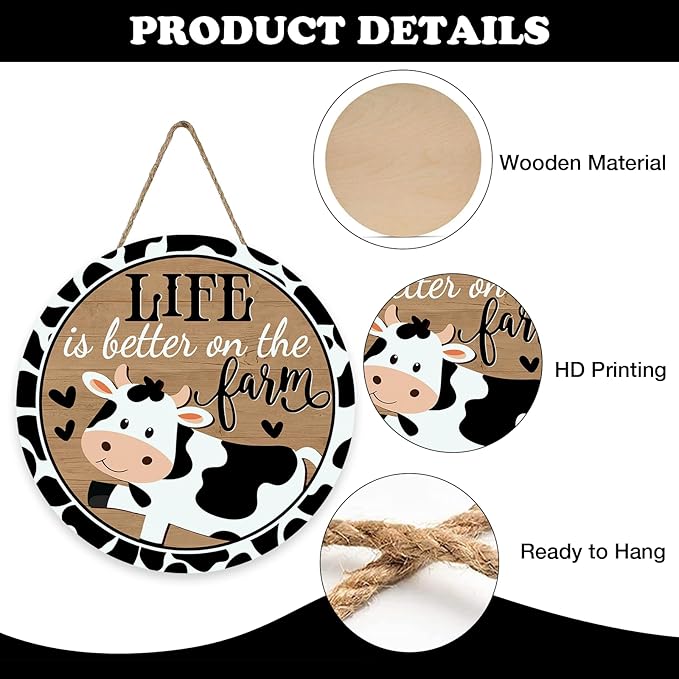 Funny Life is Better on The Farm Cow Print Front Door Sign, Vintage Farmhouse Animals Country Barn Wood Hanger Outdoor Home Decor, Rustic Wooden Wreath Indoor Wall Hanging Decoration Farm Gift