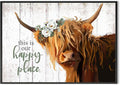 Highland Cow Decor Wall Art, Floral Farmhouse Cow Rustic Wall Decor, This is Our Happy Place Inspirational, Country Cattle Framed Painting for Living Room, Bedroom, Kitchen,Bathroom(10x14.5'')