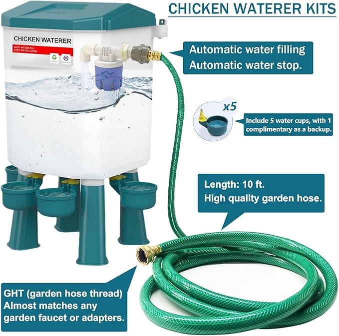 Float-Controlled Automatic Chicken Waterer & No Waste Feeder Kits - Chicken Coop Accessories, Poultry Waterer and Feeder, Two Buckets 3 Gallon/18-23 Pounds