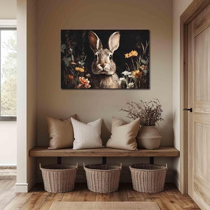 MNFGMH Easter Pictures Wall Decor Rustic Spring Rabbit with Flowers Easter Canvas Print Bunny Wall Art for Home Country Decor Wooden Frame 20x30 inch