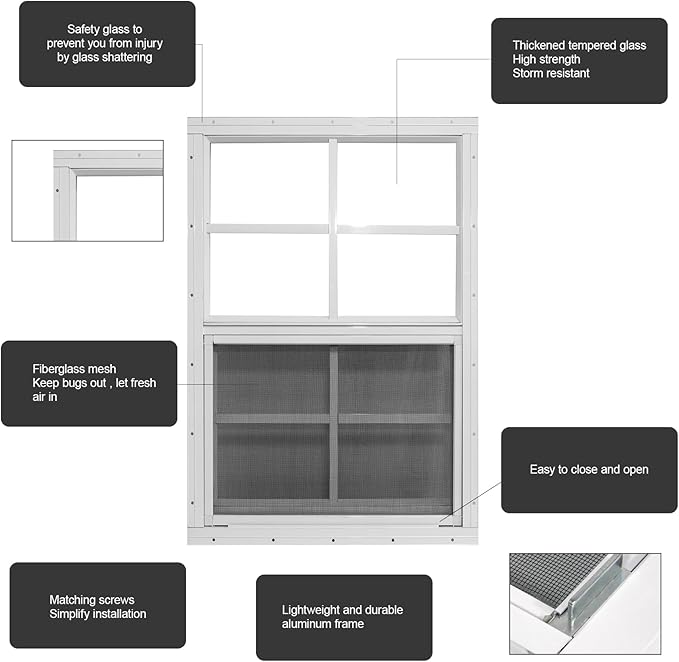 Yuzzy 24" x 27" Shed Windows with Tempered Glass and Fiberglass Screen, 2 Pack Small Sliding Windows for Shed, Chicken Coop, Playhouse, Household, Garage, Barns (White)