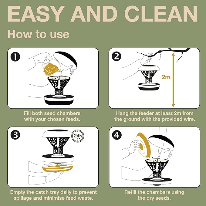 SWISSINNO Bird Feeders - No Mess Hanging Bird Feeder for Outdoors - Smart Birds Davos Spill Proof Wild Cardinal & Small Bird Feeder with Integrated Seed Catcher Tray - Dual Chamber - Sage