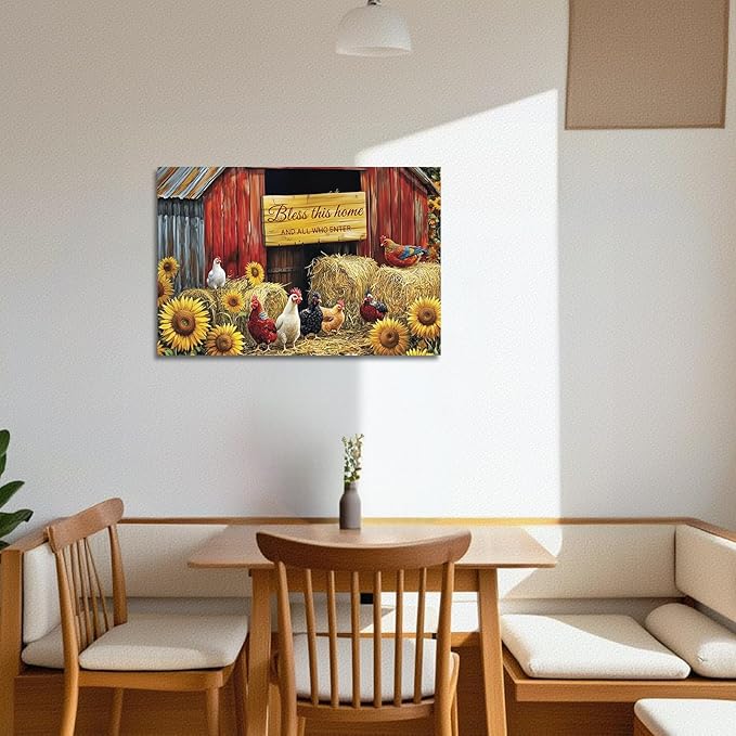 YMXDYMJSW Rooster Canvas Wall Art Chicken with Sunflower Pictures Farm Animal Prints Chicken Coop Paintings Inspirational Quotes Artwork for Kitchen Decor Frame (Brown,12L x 18W)