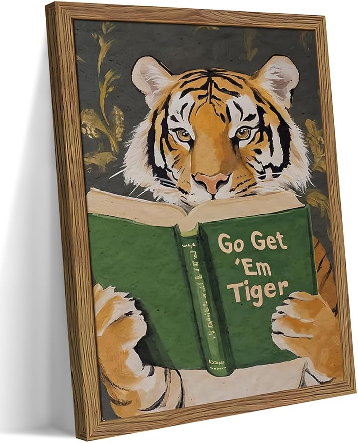 Framed Tiger Canvas Wall Art, Motivational Tigers Reading Poster Print, Humorous Bookworm Pictures Wall Decor, Vintage Go Get Em Tiger Painting for Office Library Bedroom Decor 8x10 inch