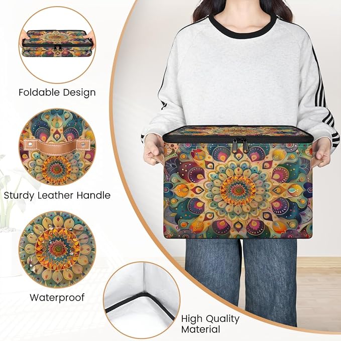 Boho Storage Bins with Zipper Lid Fabric Storage Containers for Clothes Collapsible Closet Storage Basket with Metal Frame 1 Pack