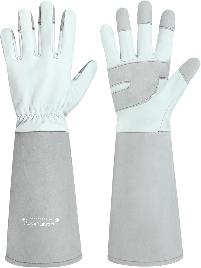 HANDLANDY Long Gardening Gloves for Men & Women, Thorn Proof Rose Pruning Gloves Leather Gauntlets Garden Glove Yard Work Glove (Silver Gray, Small)