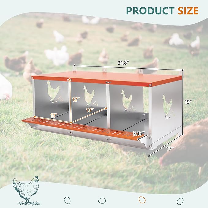 Chicken Nesting Boxes, 3 Hole Metal Chicken Egg Laying Box with Chicken Nesting Pads and Roll Away Egg Collection Easy Egg Collection for Chicken Coop, Backyard, Farms Orange Backyard, Farms Orange