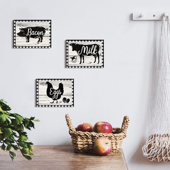 Jetec 3 Pieces Farmhouse Kitchen Decor Wooden Pig Cow chicken Signs Rustic buffalo plaid wall art farm animal Plaque for Kitchen Home Wall Decorations, 7.9 x 5.9 Inch