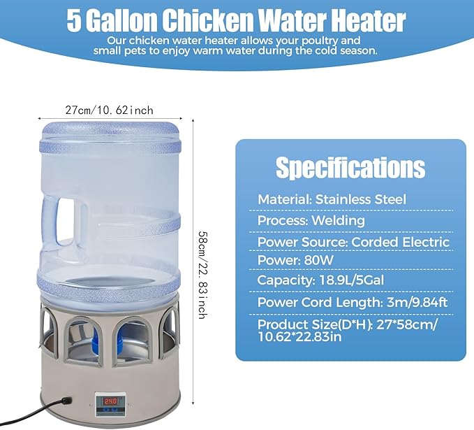 Chicken Water Heater, 5 Gallon Heated Chicken Waterer, Stainless Steel Heated Waterer for Chickens with Thermostat, Freeze-Proof Design, 50W Auto-On/Off, 110V