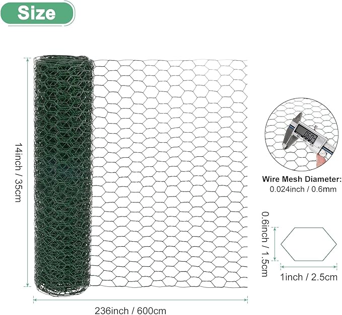 Chicken Wire for Floral Arrangements, 14 x 236 in Galvanized Iron Hexagonal PVC Coated for Crafts/Poultry/Garden, Chicken Wire Netting Fence Mesh [Green]