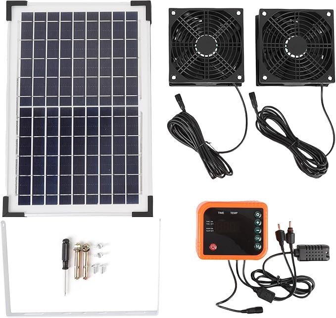 10W Solar Powered Fan, Solar Panel 2 Fan Kit with 4400mAh Battery and Controller, Solar Exhaust Dual Ventilation Fans for Shed Chicken Coop Greenhouse Outdoor