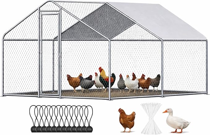 Chicken Coop Large Metal Chicken Run Pen for 10 Chickens Poultry Cage with Waterproof Cover for Walk-in Chicken Run for Yard Outdoor