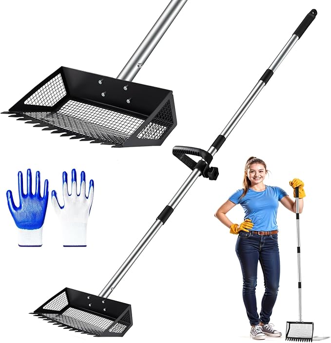 Chicken Poop Scooper and Rake – 2-in-1 Heavy Duty Metal Litter Sifter with Serrated Head fine mesh, Adjustable Handle for Effortless Coop Cleaning in Sand, Ideal for Chicken and Duck