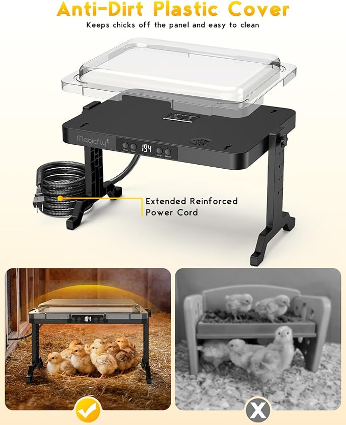 Brooder Plate for Chicks, Magicfly 200W Adjustable Chick Brooder Heater with Temp & Timer, UL-Compliant Safe Design, Chicken Coop Heater with Remote Control & Cover, for Ducklings Poults