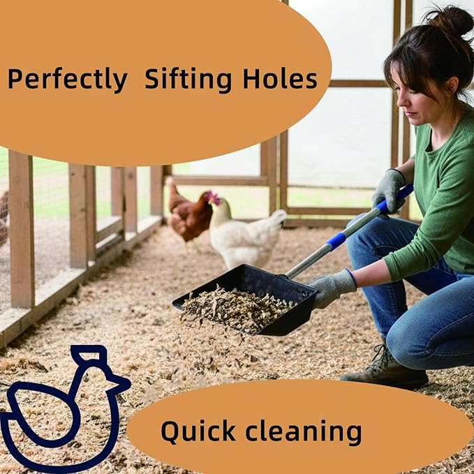 Chicken Poop Scooper,Big Sifting Shovel for Farm Chicken,Metal Chicken Scooper Cleaning, Chicken Coop Rake with Long Handle(40 1/2'').Litter Sifting Shovel.
