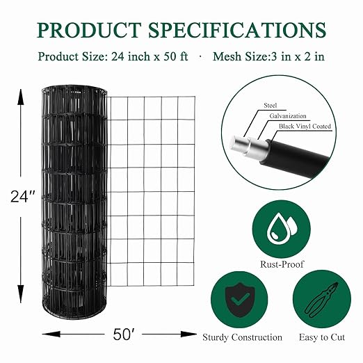 Black PVC Coated Welded Wire Fence 24 Inch x 50 Foot, 2 Inch x 3 Inch 16GA, Garden Border Fencing Roll Vinyl Coating Metal Wire Mesh for Yard Vegetable Plant Protection Poultry Netting