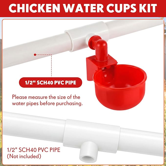 LemonRoad 30 Set Automatic Chicken Waterer Cups with 1/2" PVC Tee Fitting Chicken Drinking Bowl, Poultry Drinker Mounting Hole Opener,Water Dispenser Feeder for Duck, Goose, Turkey, Pigeon(Red)