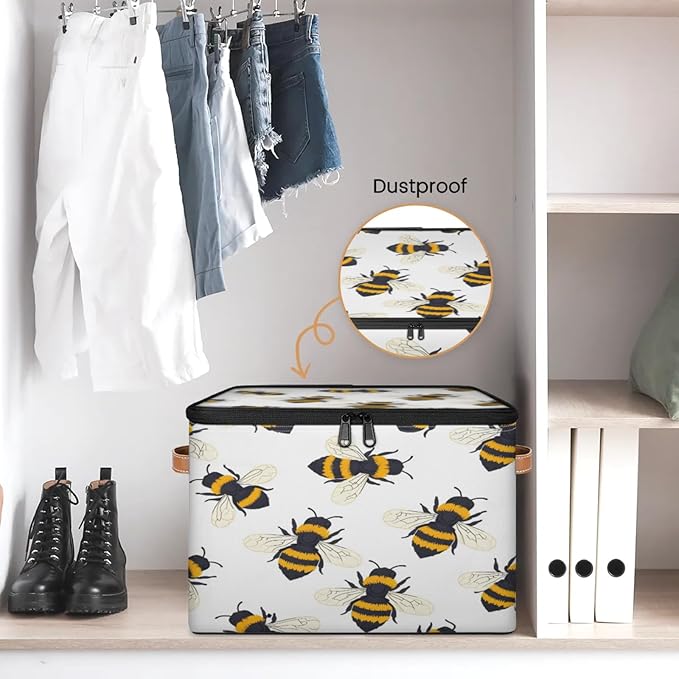 Storage Cubes with Lid Fabric Storage Bins Boxes PU Leather Handles, Cute Bee Closet Organizer Container Foldable Washable Shelf Cloth Basket, Honey Bee