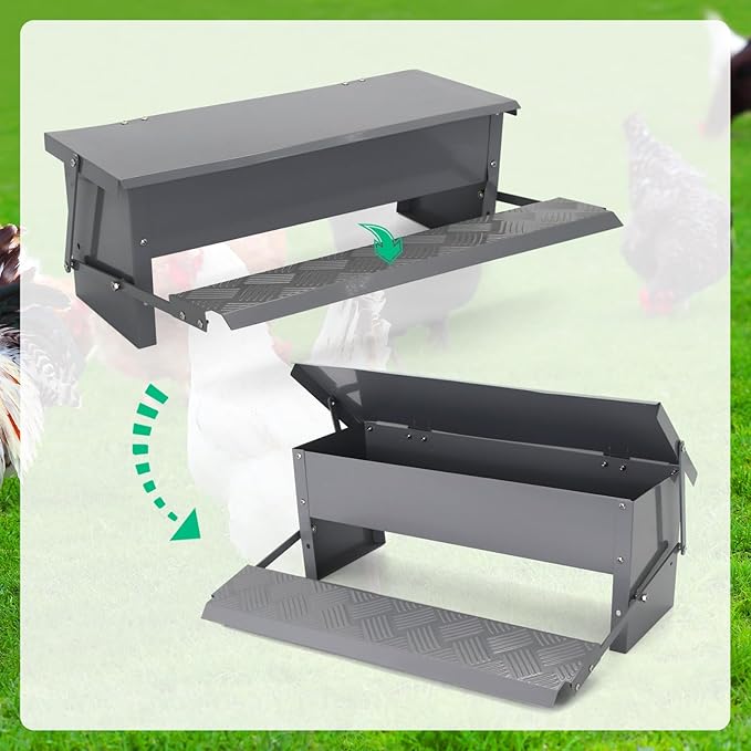 Automatic Chicken Feeder Metal Treadle Trough 15lb Outdoor Rainproof for Chickens, Bantams, Poultry, Pheasants