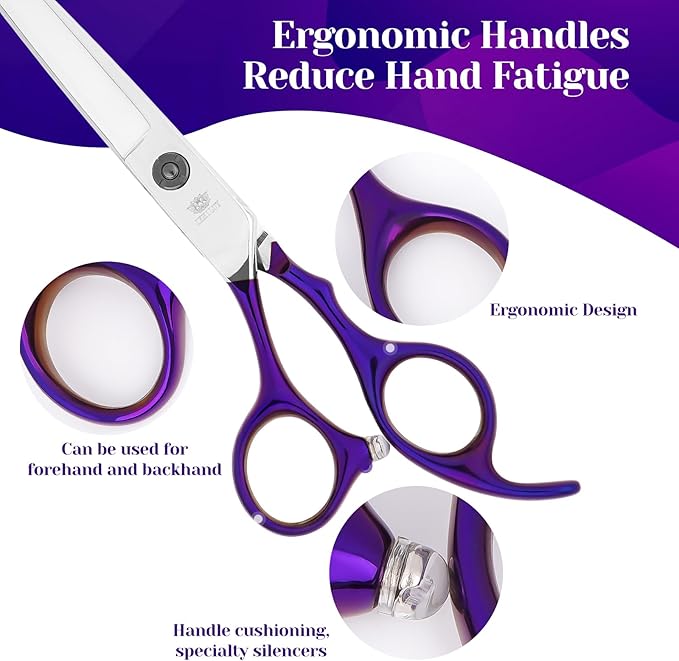 Dog Grooming Scissors Set – 6 in 1 Pet Grooming Kit with Curved, Thinning, Chunker & Straight Shears + Comb – 440C Stainless Steel Sharp Blades, Ergonomic & Quiet Design (Purple)