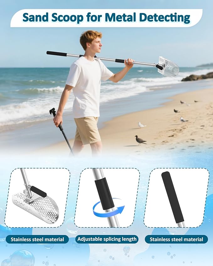 Sand Scoop for Metal Detecting, Metal Detector Sand Shovel Accessories for Beach, Stainless Steel Sand Sifter Digging Tool, Long Handle Fast Sand Sifting Flea Rake for Underwater Treasure Hunting