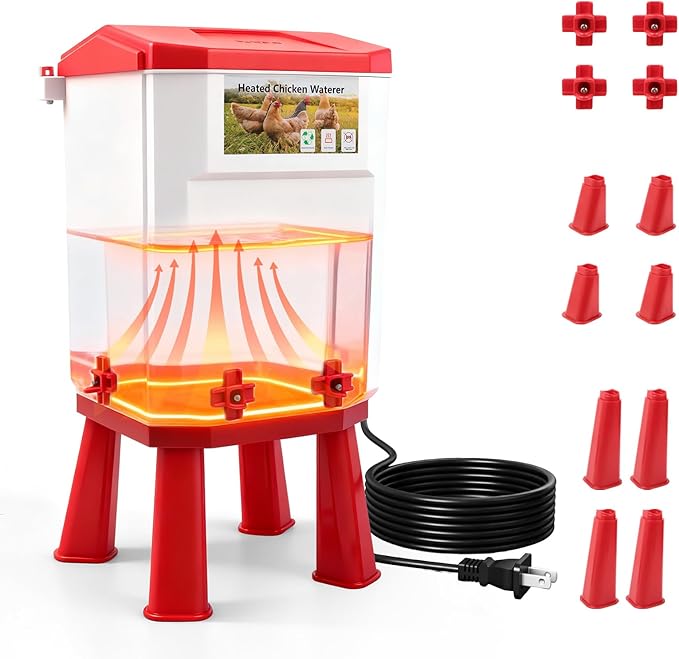 3 Gallon Heated Chicken Waterer for Winter Automatic Chicken Water Heater,Adsjustable Height Anti-Freezing Poultry Watering System with Thermostatic Control,Red,12.5 in x 8.3 inch x 8.3 in