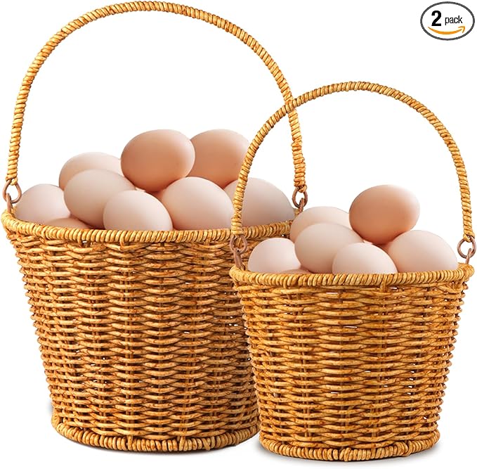 Farmhouse Rattan Egg Baskets for Gathering Fresh Eggs with Handle, 2 Pcs Handmade Egg Collecting Basket Vintage Style Fresh Egg Holder Countertop for Kitchen Storage Container Holder