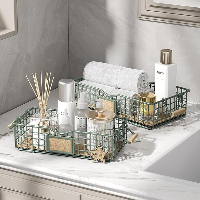 Toilet Paper Storage Basket, 2 Pack Toilet Paper Storage for Bathroom, Narrow Wire Tray for Restroom Tank Top, Bathroom Metal Baskets for Decor, Set of 2, Sage Green