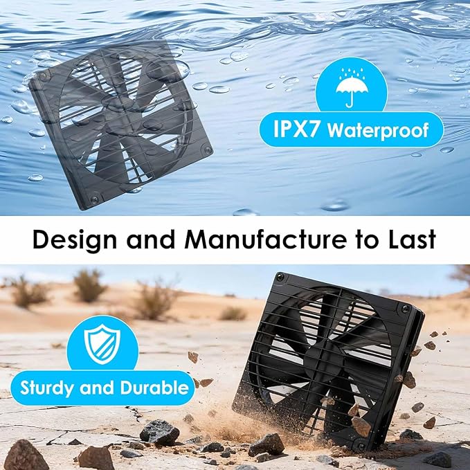 7 Inch Large Airflow Solar Powered Fan Exhaust Vent for Outside Greenhouse Chicken Coop Shed Trailer, 22W Solar Panel IPX7 Waterproof Brushless DC Motor 16.5 Ft On/Off Switch Cable