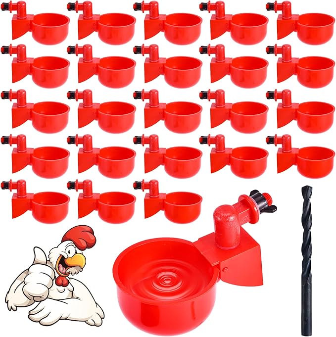 Chicken Water Cups, Chicken Waterer 24 Pack, DIY Chicken Water Feeder for Poultry Gravity Filling Automatic Chicken Waterer Poultry Waterer with Hole Saw for Buckets Boxes Troughs