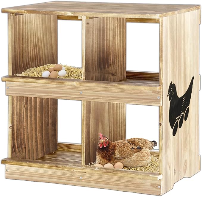 Nesting Boxes for Chickens - Wooden Chicken Nesting Box for Chicken Coop Accessories, Sturdy 4-Compartment Wall Mount Egg Laying Box for Hens, Chickens, and Ducks(Lightly Charred)