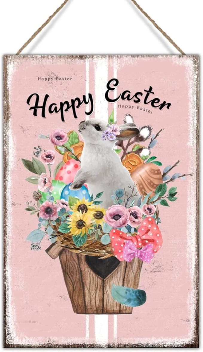 Wood Sign Plaque French Style Floral Pink Stripes Sign Happy Easter Flower Basket Bunny Wood Hanging Signs Farmhouse Easter Decor Happy Spring Wall Art Sign for Living Room 12x18in