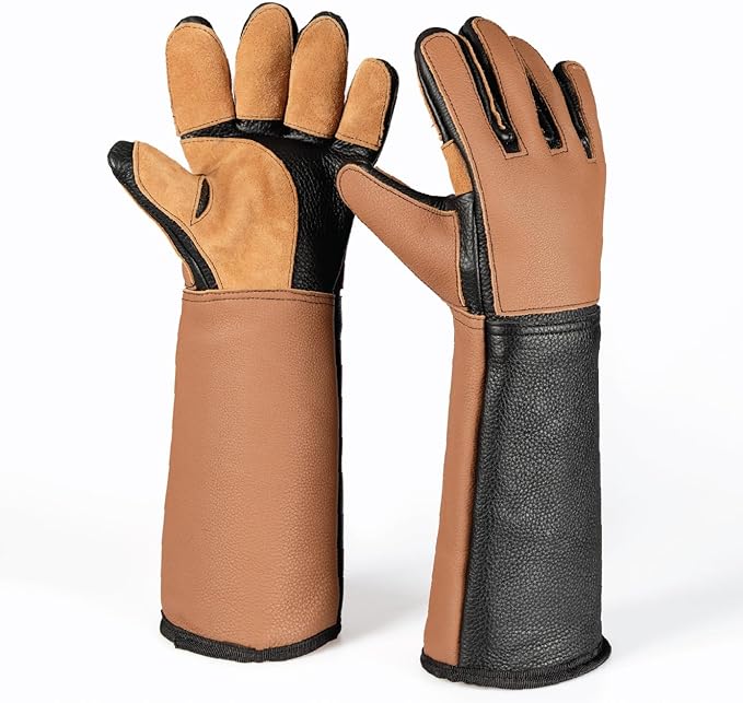 Animal Handling Gloves,%100 Real Leather, Bite Proof, 3 Solid Layers, Handmade, Dog Bite and Cat Scratch, Bird Handling, Wiped Clean, Vet Approved, 18" Black and Tan