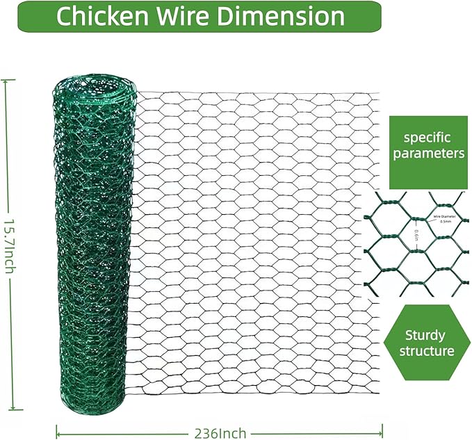 Chicken Wire for Floral Arrangements (Green, 15.7 x 236 Inch), 0.6 Inch Hexagonal Galvanized PVC Coated Netting Fence for Crafts, Poultry, Garden,Sturdy Roll Plant Protector